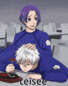a man with purple hair is putting a sausage on another man 's head and the word teisee is on the bottom left