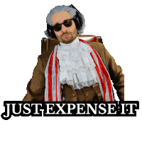 a man in a costume with the words just expenseit written below him