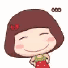 a cartoon girl with short brown hair is smiling and wearing a green shirt and red skirt .