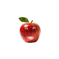 a red apple with a green leaf and a face on it