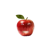 a red apple with a green leaf and a face on it
