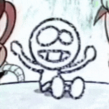 a black and white drawing of a cartoon character with a smiley face on his face .