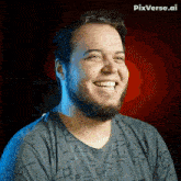a man with a beard is smiling in front of a red background with pixverse.ai written above him