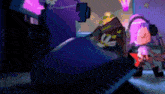 a cartoon character is playing a keyboard in a dark room while another character is playing a guitar .