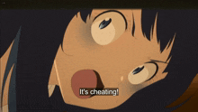a close up of a girl 's face with the words it 's cheating below it