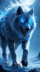 a wolf with blue eyes is walking in the snow .
