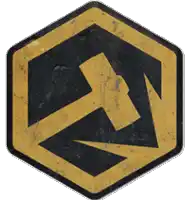 a black and yellow hexagon with a hammer in the center