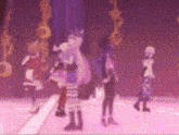 a group of cartoon characters are standing on a stage with a pink background .
