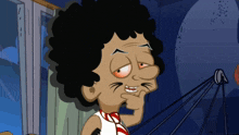 a cartoon character with a red eye and a white shirt