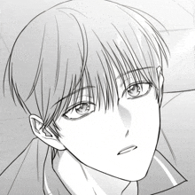 a black and white drawing of a young boy with a serious look on his face