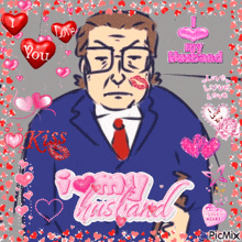 a drawing of a man with a kiss on his cheek and the words i love my husband
