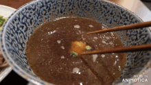 a close up of a bowl of soup with chopsticks and the words made in animatica on the bottom