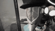a man wearing a top hat and a mask looks at the camera