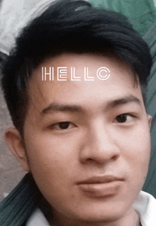 a close up of a man 's face with the words hello written on his forehead