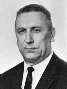 a man in a suit and tie looks at the camera in a black and white photo