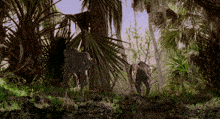 a painting of two elephants walking through a lush green forest