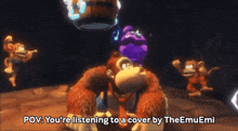a video game screen shows a gorilla and says " you 're listening to a cover by theemuemi " at the bottom