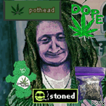 a man with green dreadlocks is surrounded by potheads