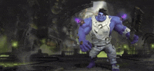 a purple cartoon character with a white shirt that says d-run