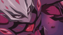 a close up of a person 's face with purple eyes and white hair