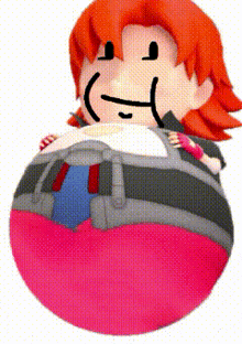 a cartoon character with red hair is sitting on a pink ball with his mouth open .