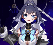 a drawing of a girl with blue eyes and a clock on her chest