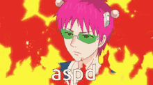 a cartoon character with pink hair and green glasses with the word aspd written on the bottom