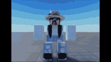 a girl wearing a straw hat and ripped jeans is standing in front of a blue sky