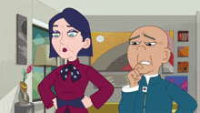 a man and a woman are standing next to each other in a cartoon