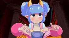 a cartoon character with horns and headphones is giving a thumbs up