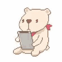 a pixel art teddy bear is holding a tablet .