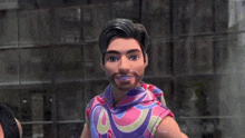 a barbie doll with a beard and blue eyes smiles