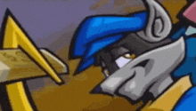 a close up of a cartoon character wearing a blue hat and a suit .