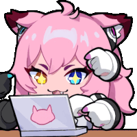 a pixel art illustration of a cat girl using a laptop computer