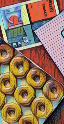 a painting of a bunch of donuts and a box that says ' ice ' on it