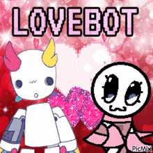 a cartoon of a robot holding a heart and the word lovebot above it