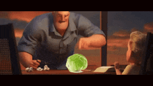 a cartoon character talking to a child with a cabbage on the table