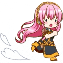 a cartoon of a girl with pink hair running with hearts behind her