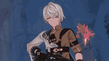 a video game character holding a sword with the word fame on his shirt