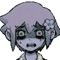 a pixel art drawing of a girl with a flower in her hair and a surprised look on her face .