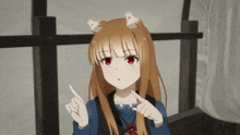a girl with long hair and red eyes is pointing her finger