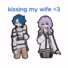 a man and a woman are kneeling next to each other with the words kissing my wife < 3 above them .