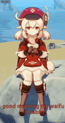 a girl in a red dress says good morning my waifu