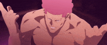 a shirtless man with pink hair is making a funny face