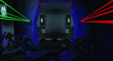 a group of people are standing in a dark room with green and red lasers