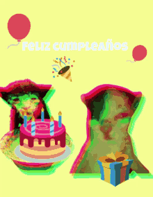 a birthday card with a cat a cake and balloons says feliz cumpleaños