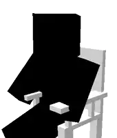 a black and white pixel art of a person sitting in a chair