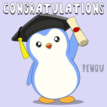 a penguin wearing a graduation cap is holding a diploma and says congratulations