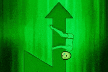 a pixel art of a person standing on a green arrow pointing up .