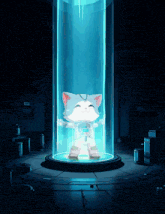 a cartoon cat in a space suit is in a glass container